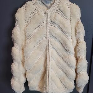 Vintage knit Shaggy Crochet Sweater Jacket Full Zip Off White Size Small Woman